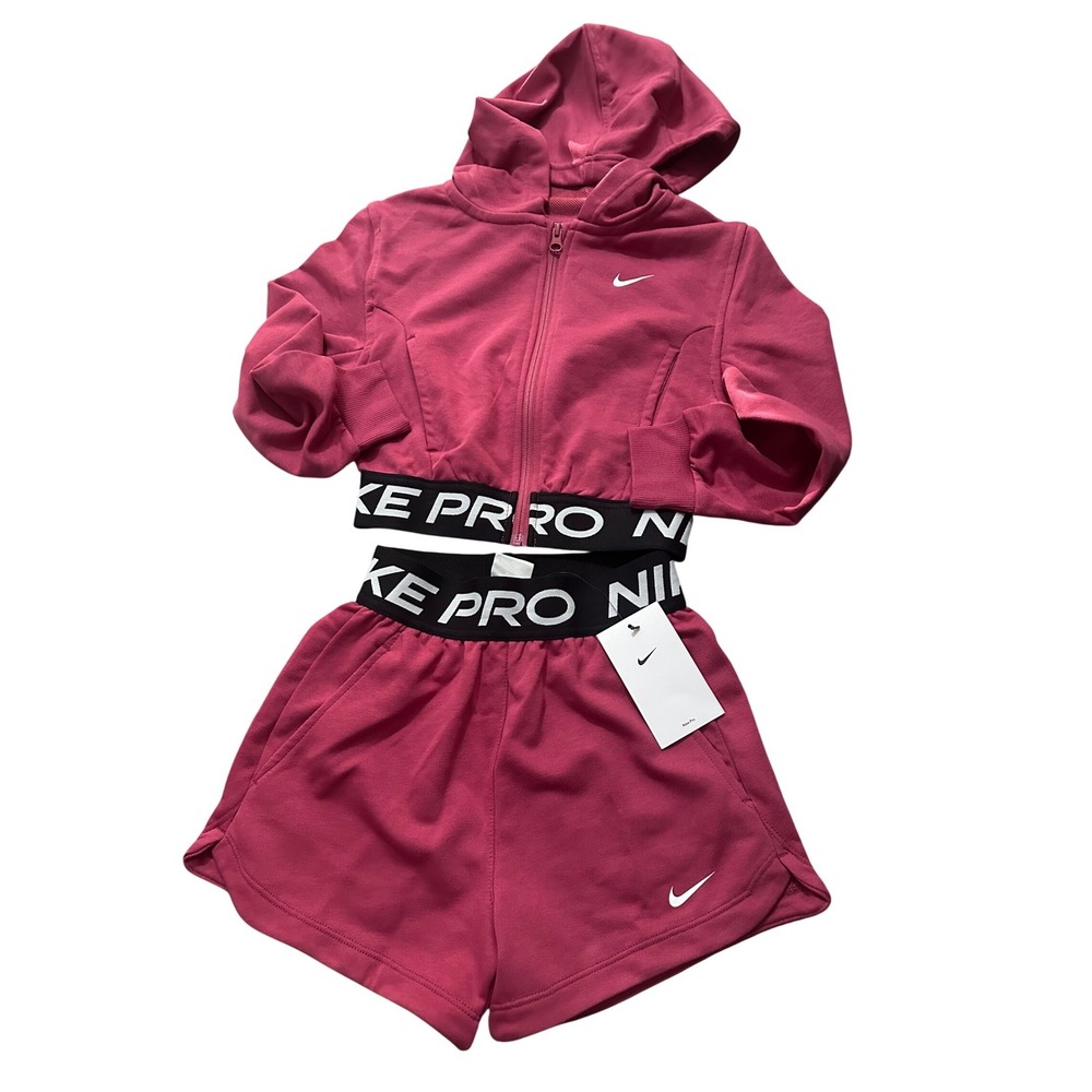 Nike Pro Dri-FIT Crop Hoodie & Shorts Set Girls XS Athletic Activewear - Picture 1 of 8